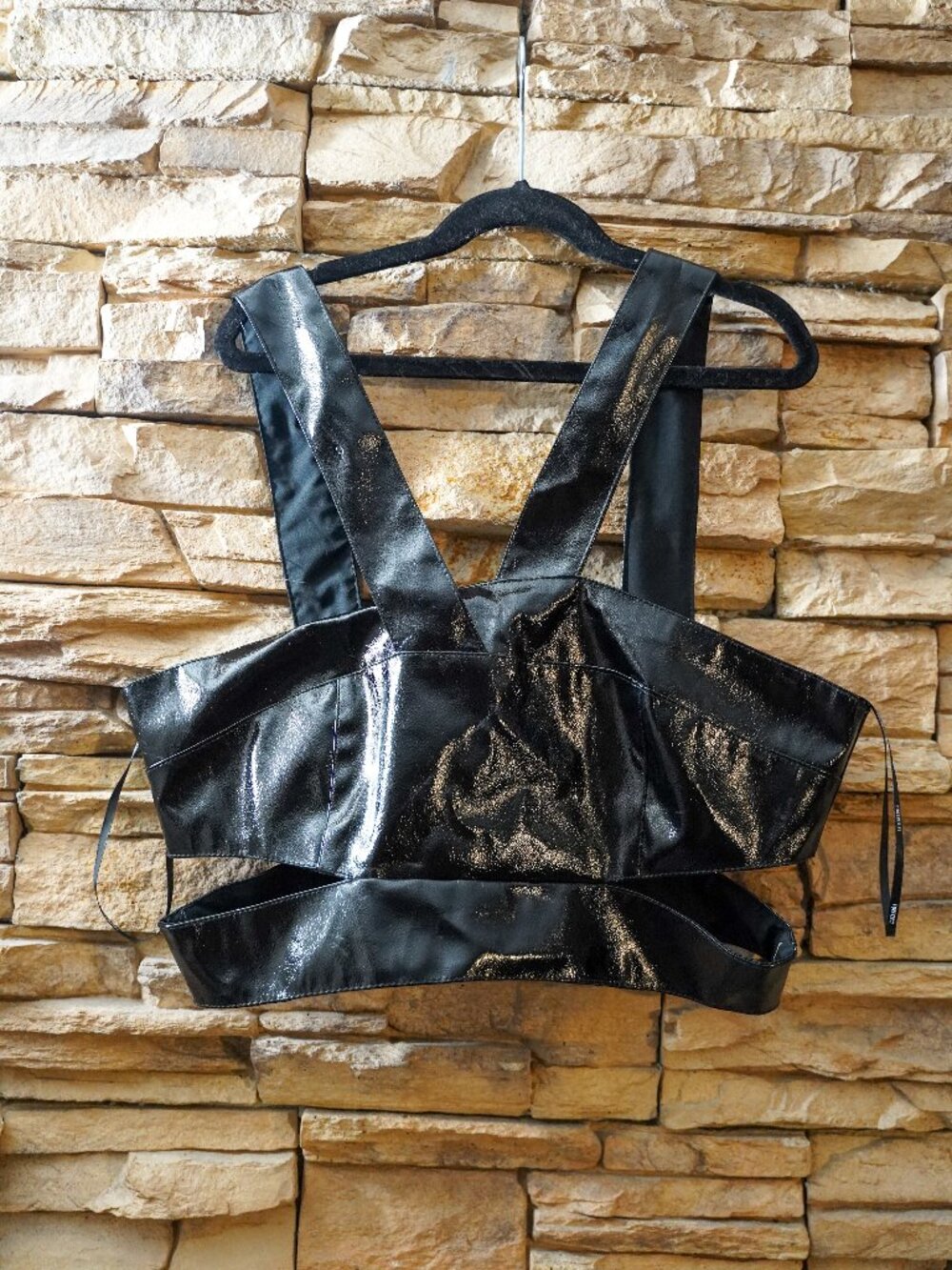 Forever 21 Black Faux Leather Crop Top Women's Medium Cutout Strappy